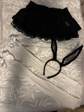Black Lace Ruffle Mini Skirt with Bunny Ear Headband and White Thigh-Highs